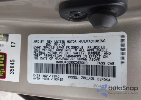 2009 Toyota Corolla Le из США, поврежденный, VIN 1NXBU40E99Z059310